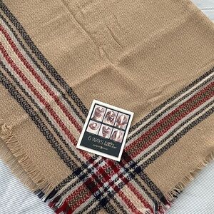 Tan Plaid Blanket Scarf with Red and Navy Stripes 52” x 52”